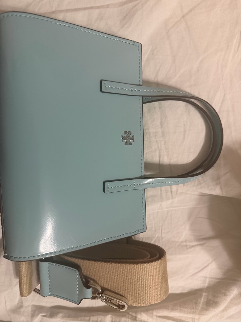 Tory Burch Baby Blue Patent Leather Mini Tote with Canvas Strap - NEVER USED